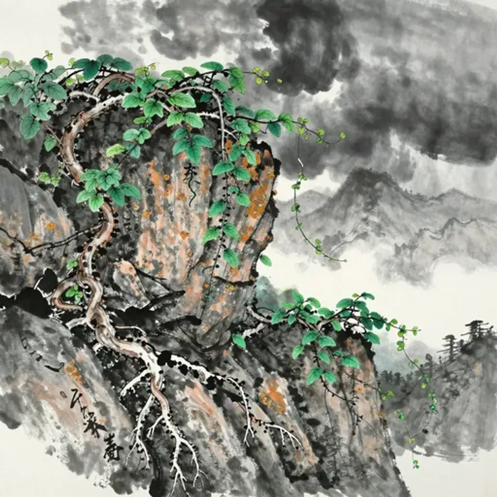 Ink brush artwork for the Yilin verse on Hexagram 19 changing to Hexagram 20