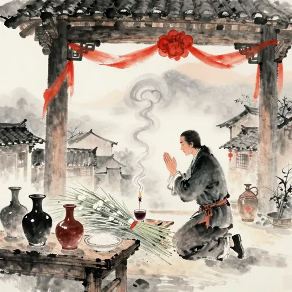 Ink brush artwork for the Yilin verse on Hexagram 19 changing to Hexagram 4