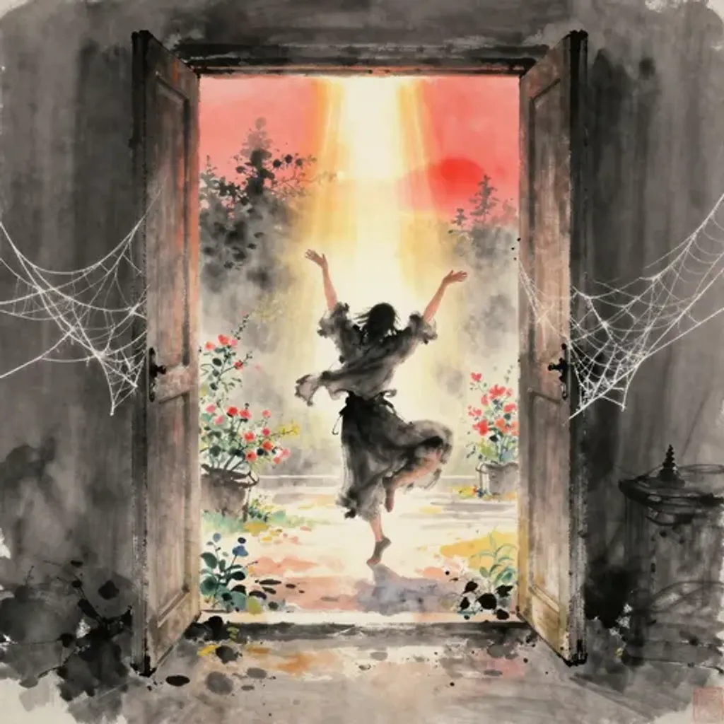 Ink brush artwork for the Yilin verse on Hexagram 19 changing to Hexagram 44