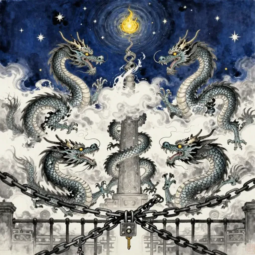 Ink brush artwork for the Yilin verse on Hexagram 2 changing to Hexagram 12