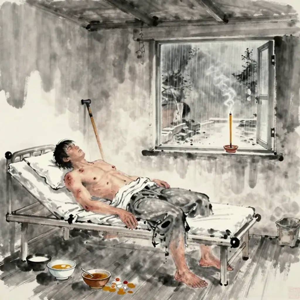 Ink brush artwork for the Yilin verse on Hexagram 2 changing to Hexagram 28