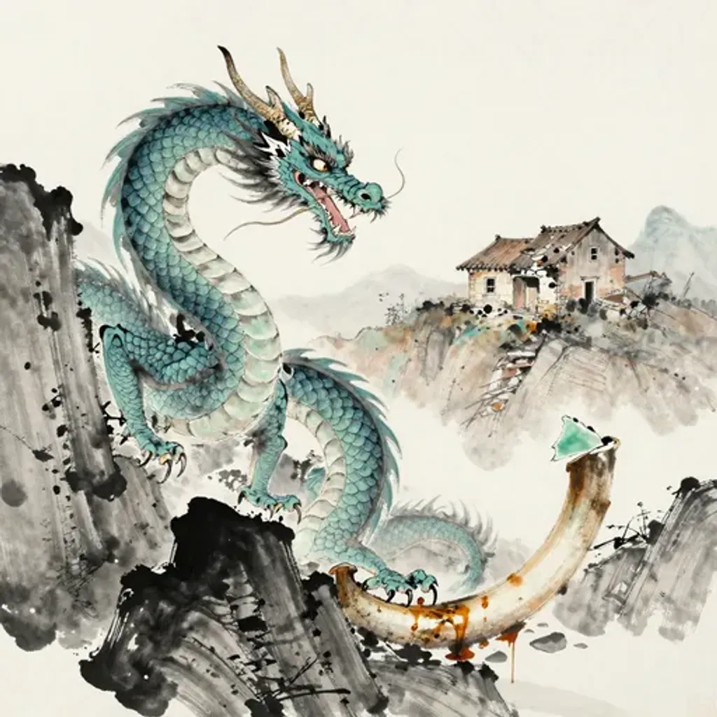 Ink brush artwork for the Yilin verse on Hexagram 2 changing to Hexagram 3
