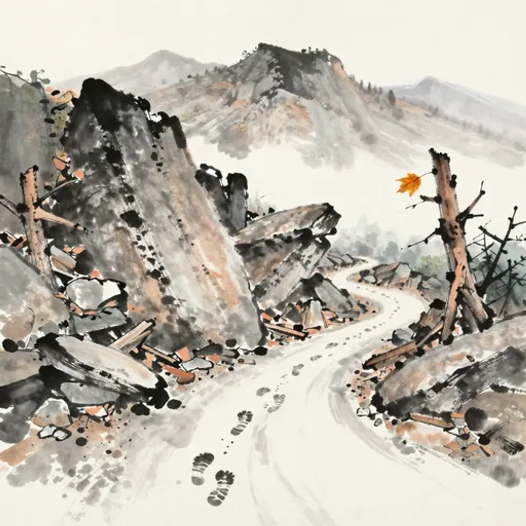 Ink brush artwork for the Yilin verse on Hexagram 2 changing to Hexagram 52