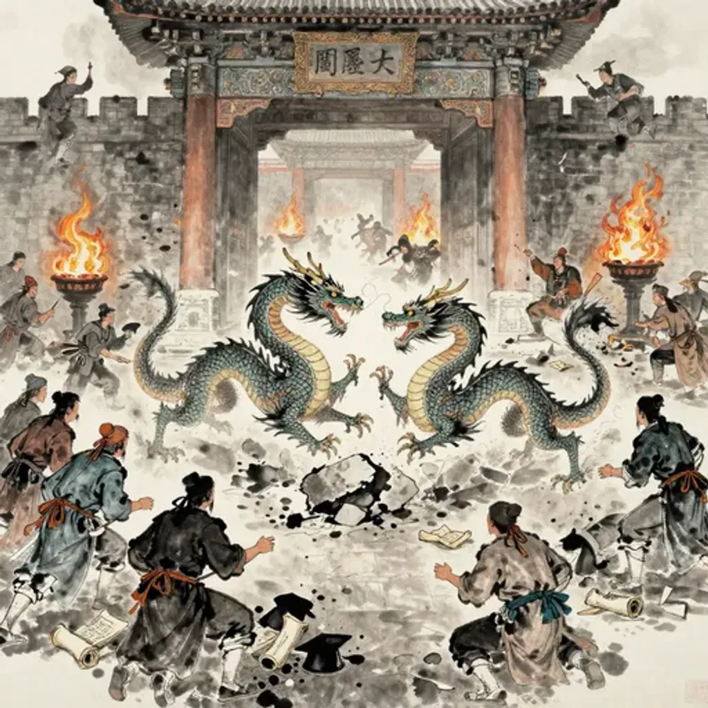 Ink brush artwork for the Yilin verse on Hexagram 2 changing to Hexagram 60