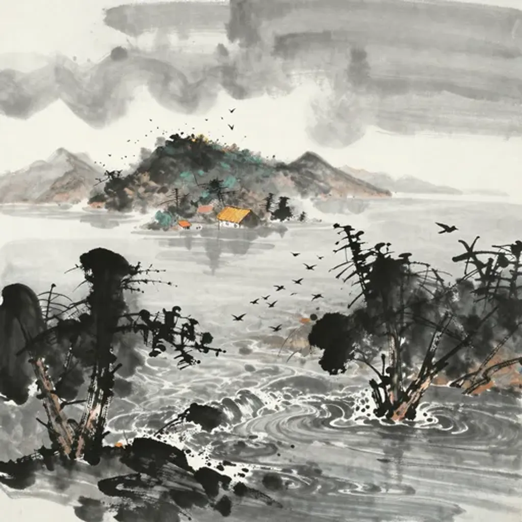 Ink brush artwork for the Yilin verse on Hexagram 20 changing to Hexagram 14
