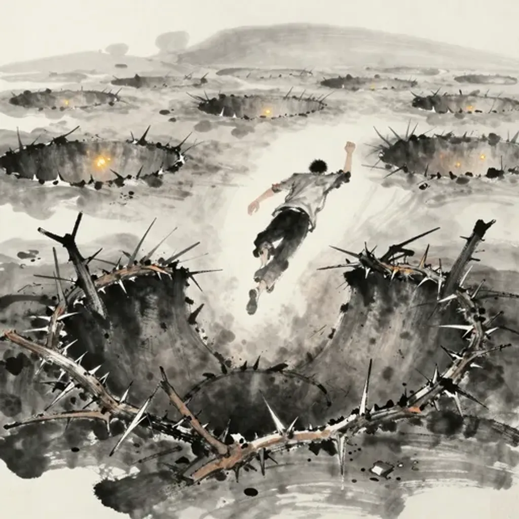 Ink brush artwork for the Yilin verse on Hexagram 20 changing to Hexagram 42