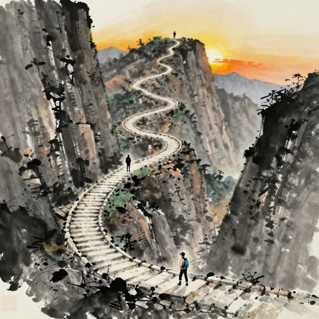 Ink brush artwork for the Yilin verse on Hexagram 20 changing to Hexagram 51