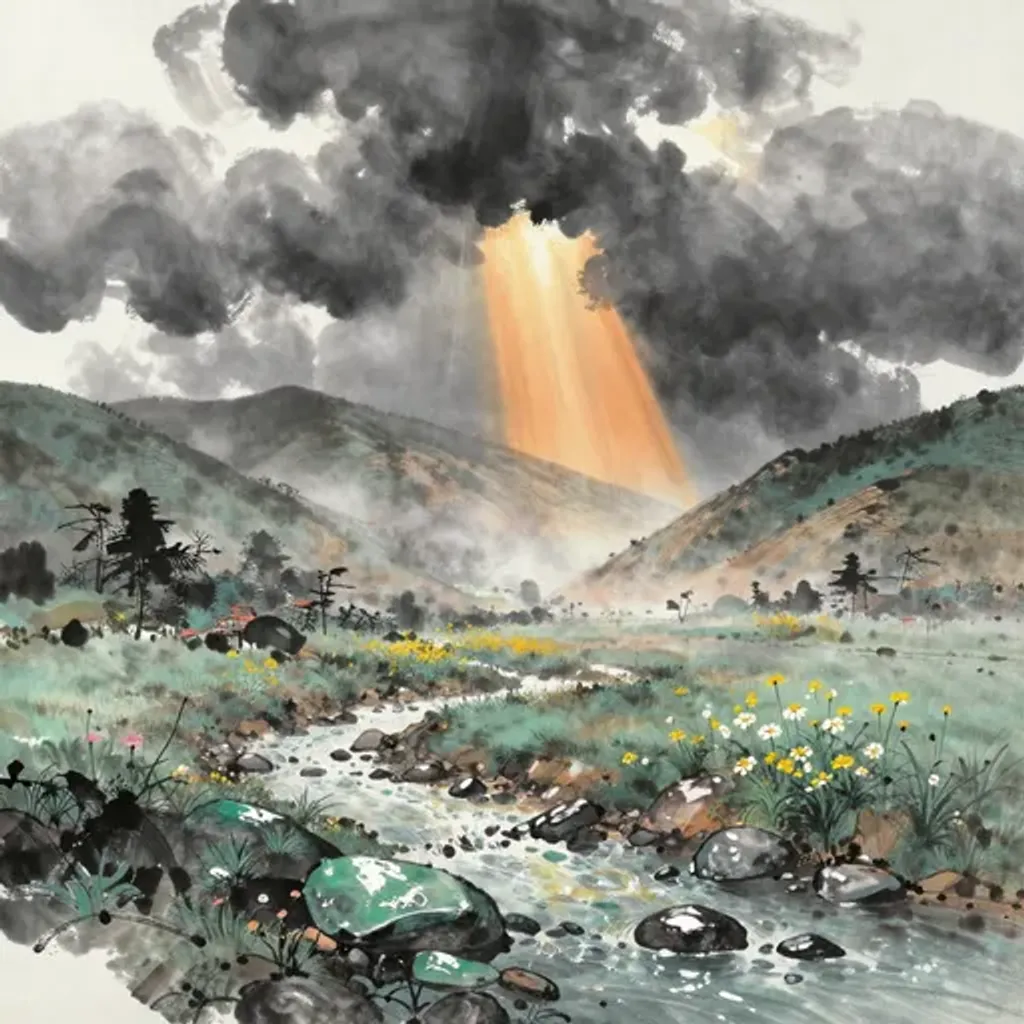 Ink brush artwork for the Yilin verse on Hexagram 21 changing to Hexagram 20