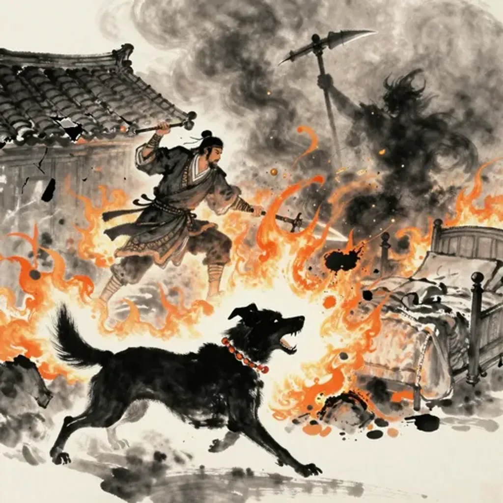 Ink brush artwork for the Yilin verse on Hexagram 21 changing to Hexagram 34