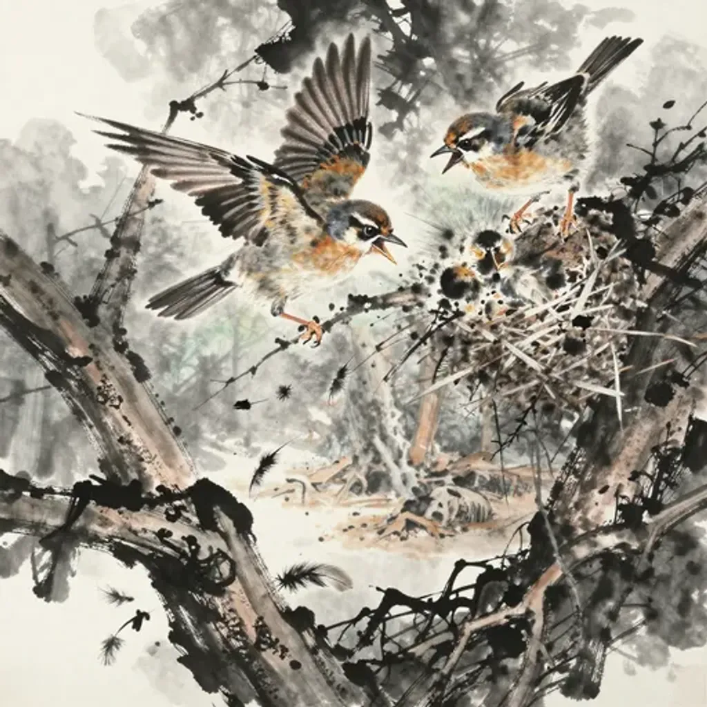 Ink brush artwork for the Yilin verse on Hexagram 21 changing to Hexagram 36