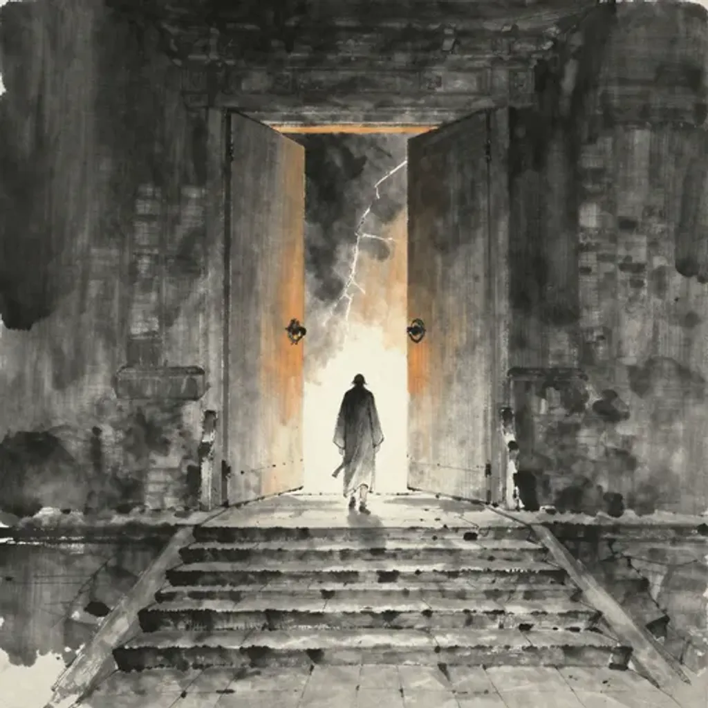 Ink brush artwork for the Yilin verse on Hexagram 21 changing to Hexagram 44