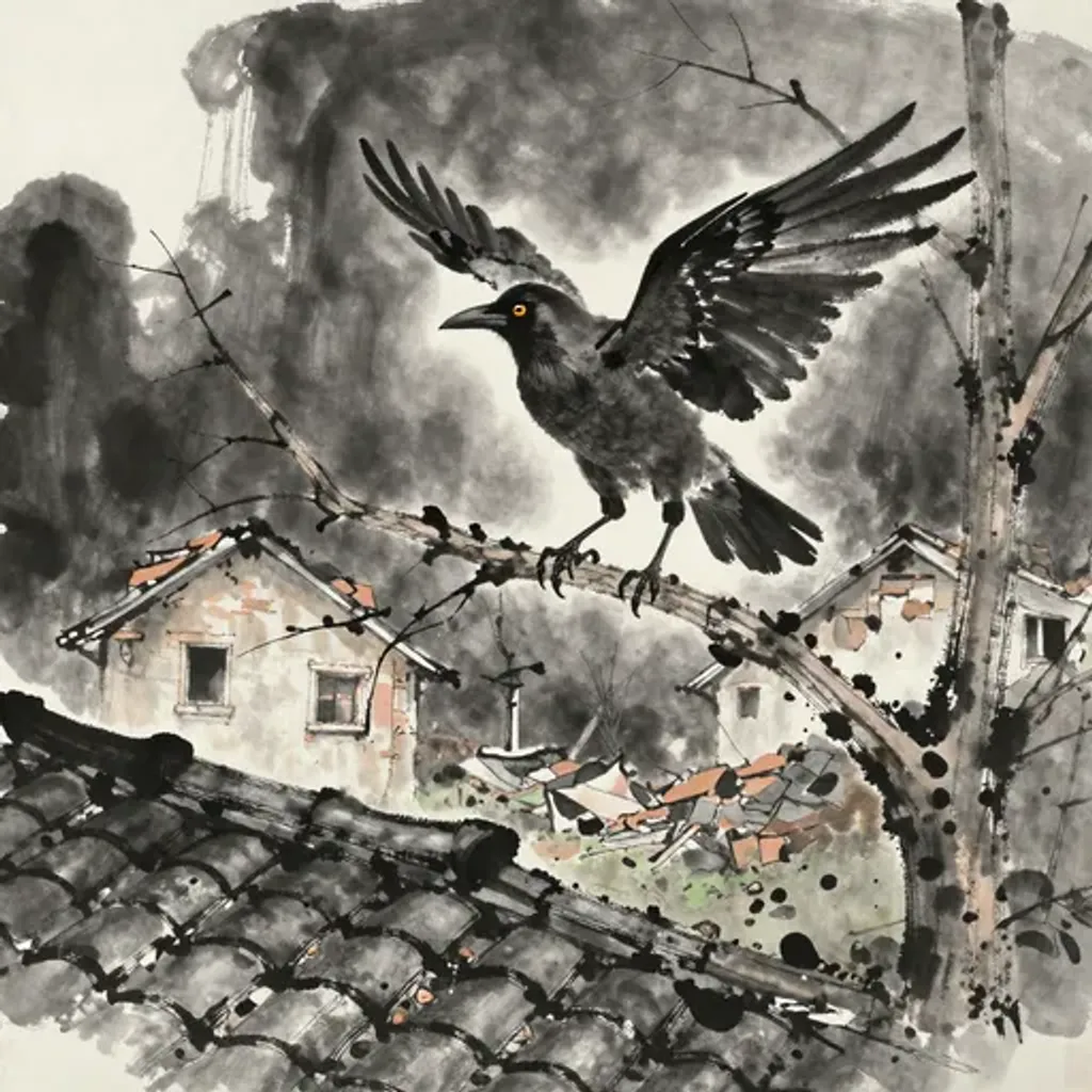 Ink brush artwork for the Yilin verse on Hexagram 21 changing to Hexagram 50