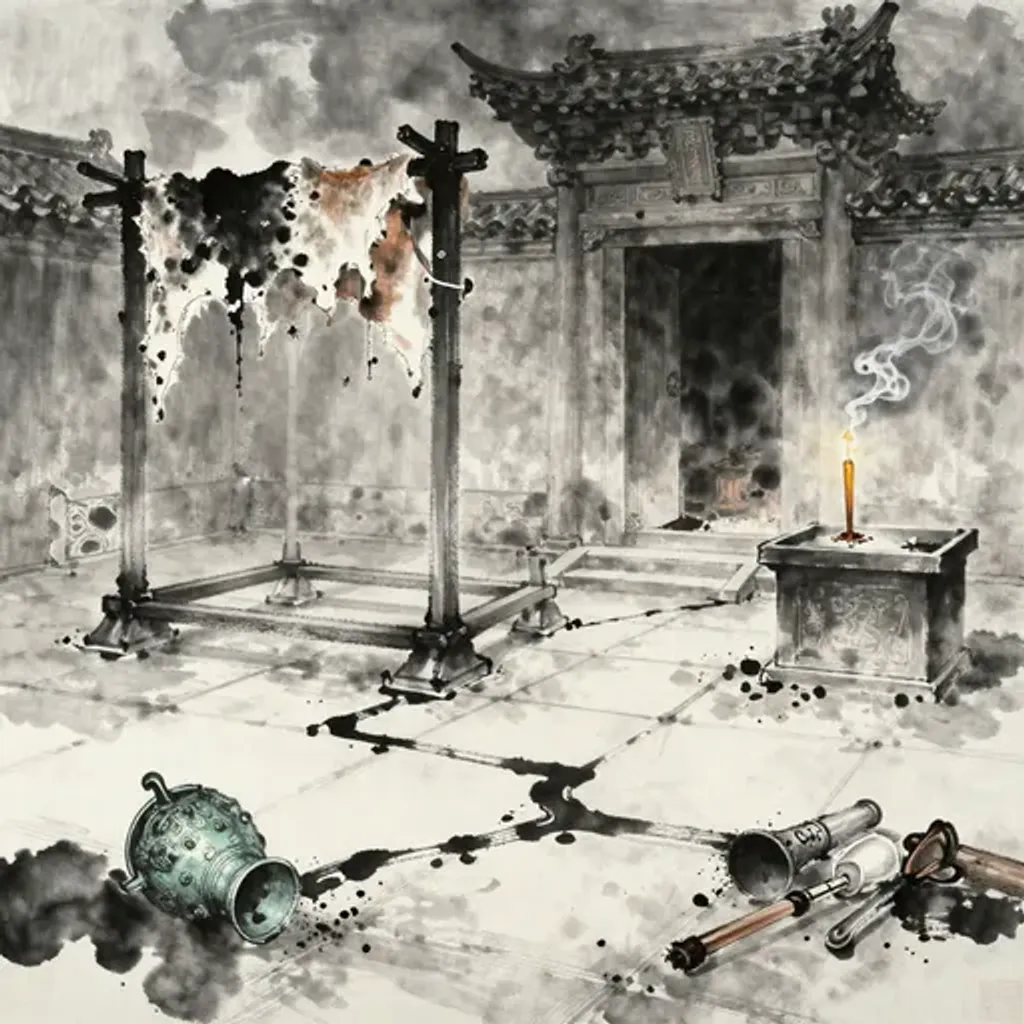 Ink brush artwork for the Yilin verse on Hexagram 21 changing to Hexagram 57