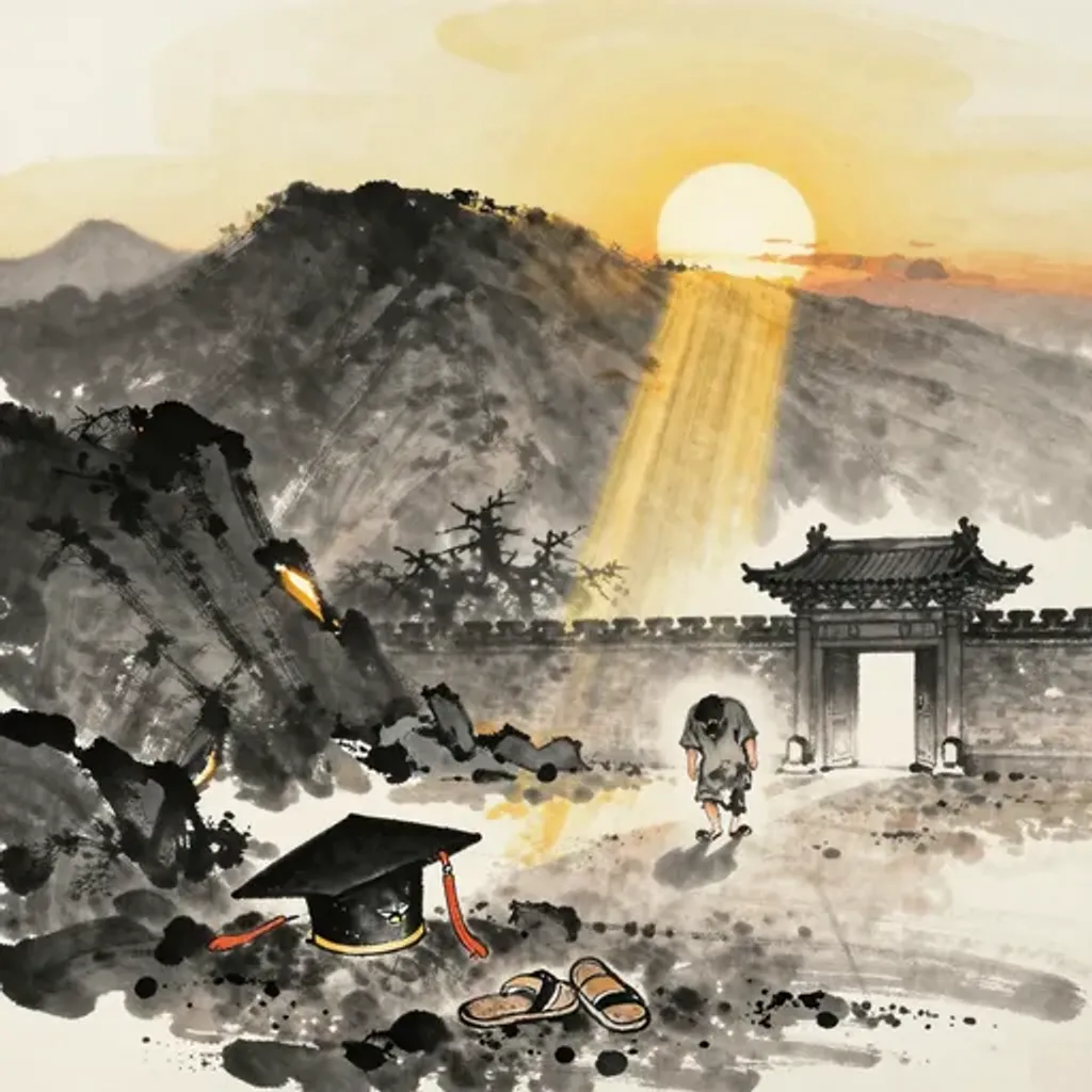 Ink brush artwork for the Yilin verse on Hexagram 22 changing to Hexagram 3