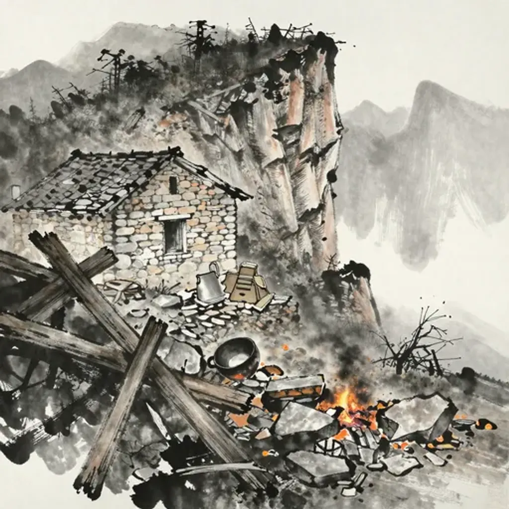Ink brush artwork for the Yilin verse on Hexagram 22 changing to Hexagram 36