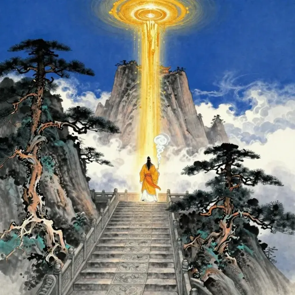 Ink brush artwork for the Yilin verse on Hexagram 22 changing to Hexagram 40