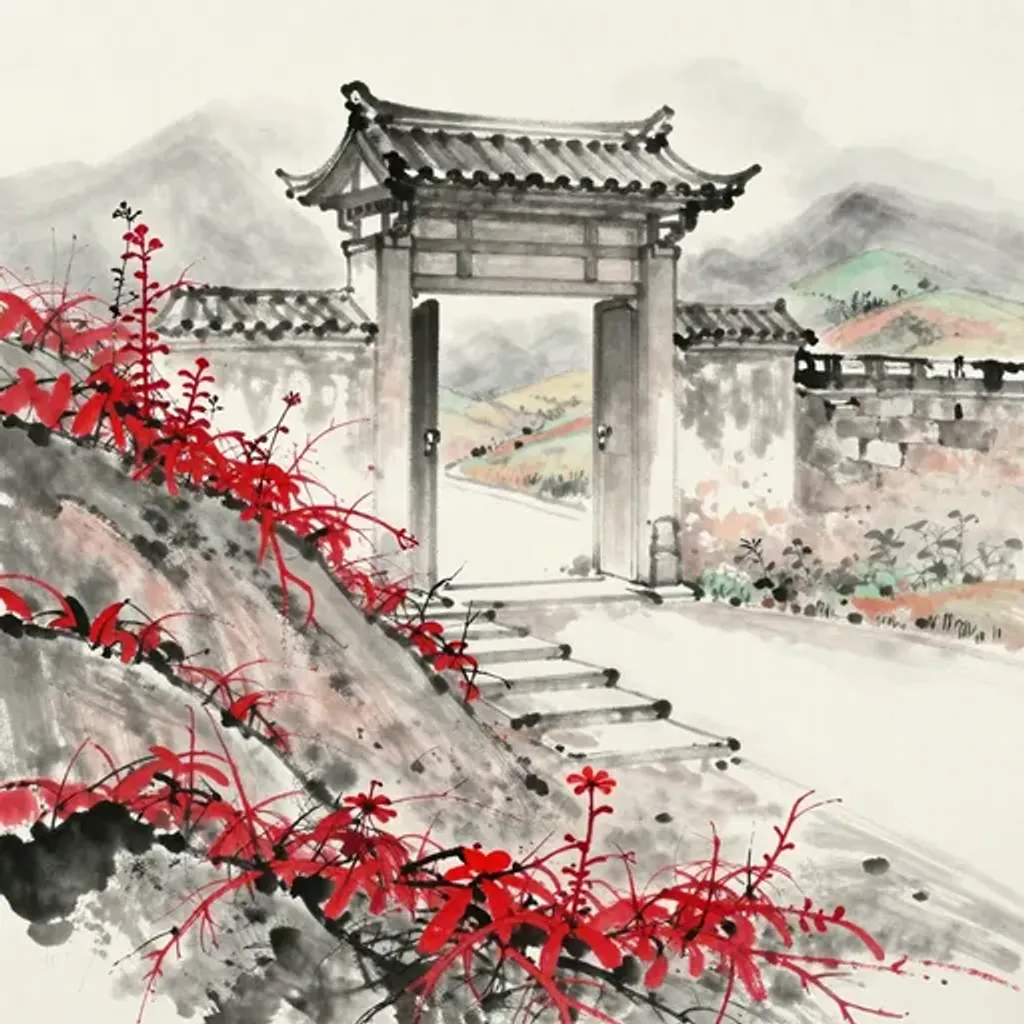 Ink brush artwork for the Yilin verse on Hexagram 22 changing to Hexagram 50