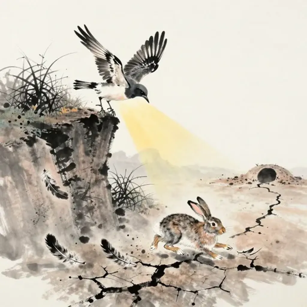 Ink brush artwork for the Yilin verse on Hexagram 22 changing to Hexagram 8