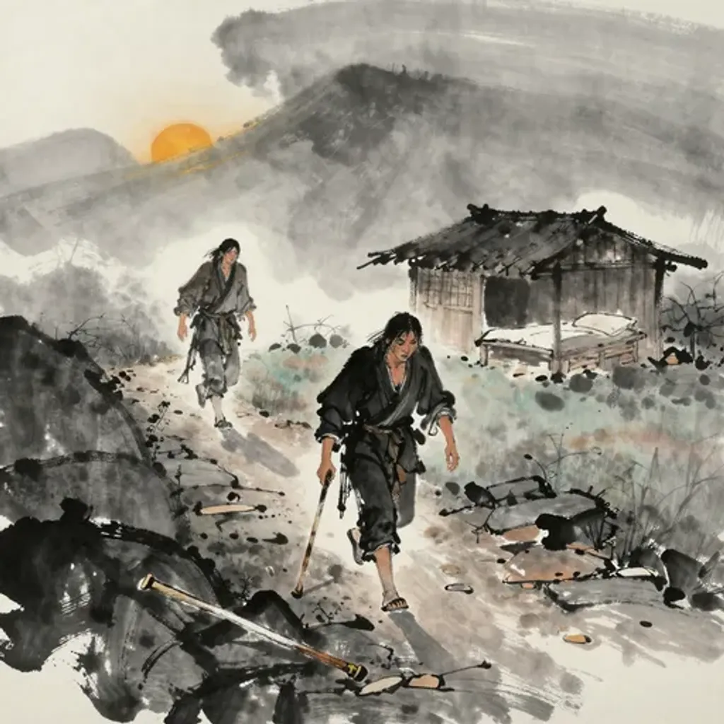 Ink brush artwork for the Yilin verse on Hexagram 23 changing to Hexagram 45