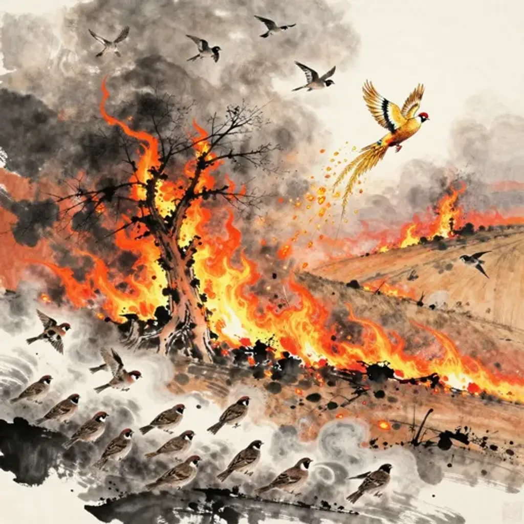 Ink brush artwork for the Yilin verse on Hexagram 23 changing to Hexagram 9