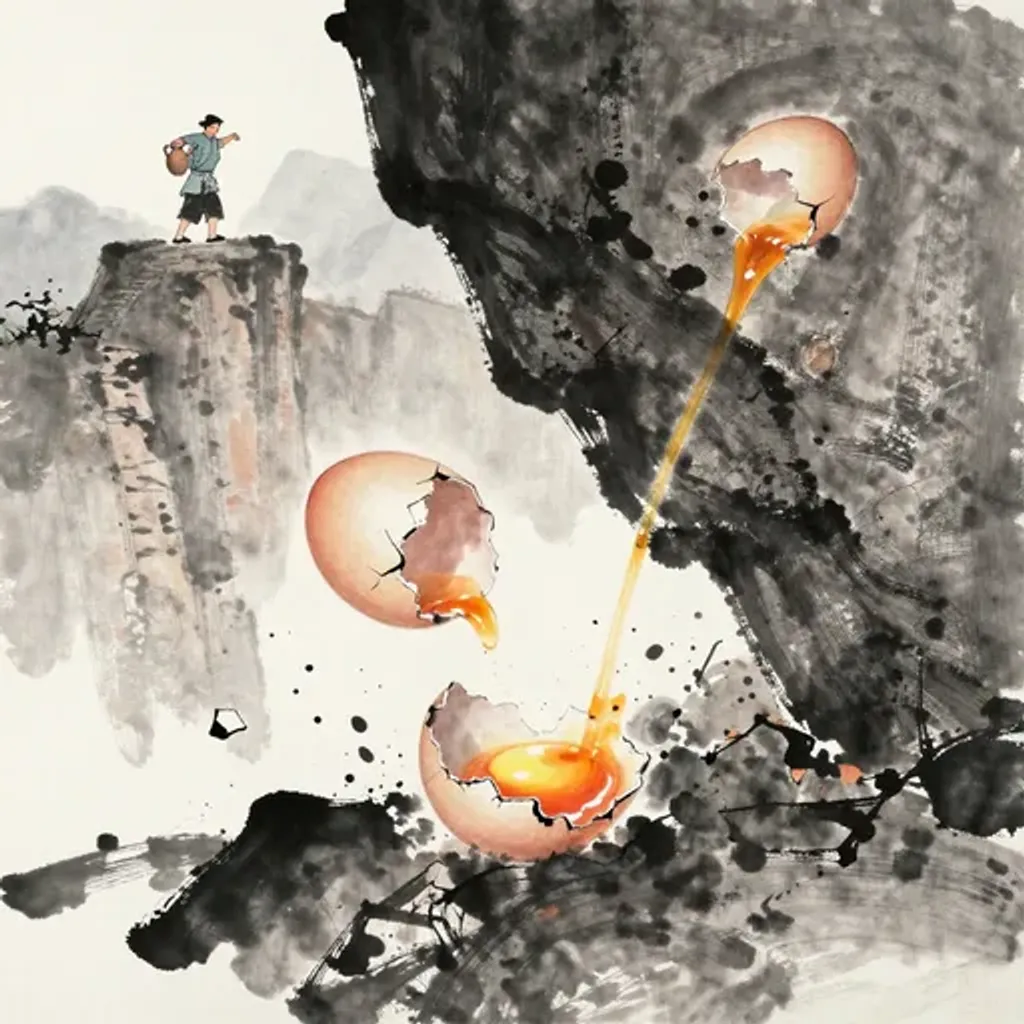 Ink brush artwork for the Yilin verse on Hexagram 24 changing to Hexagram 16