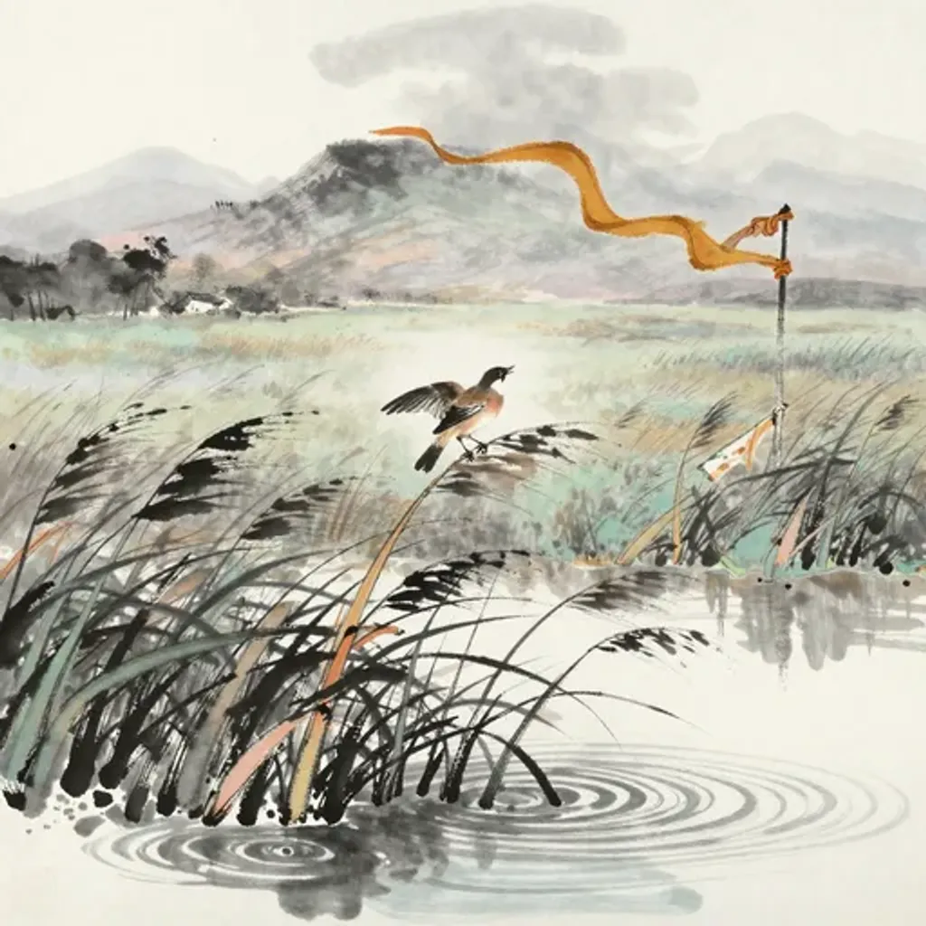 Ink brush artwork for the Yilin verse on Hexagram 24 changing to Hexagram 48