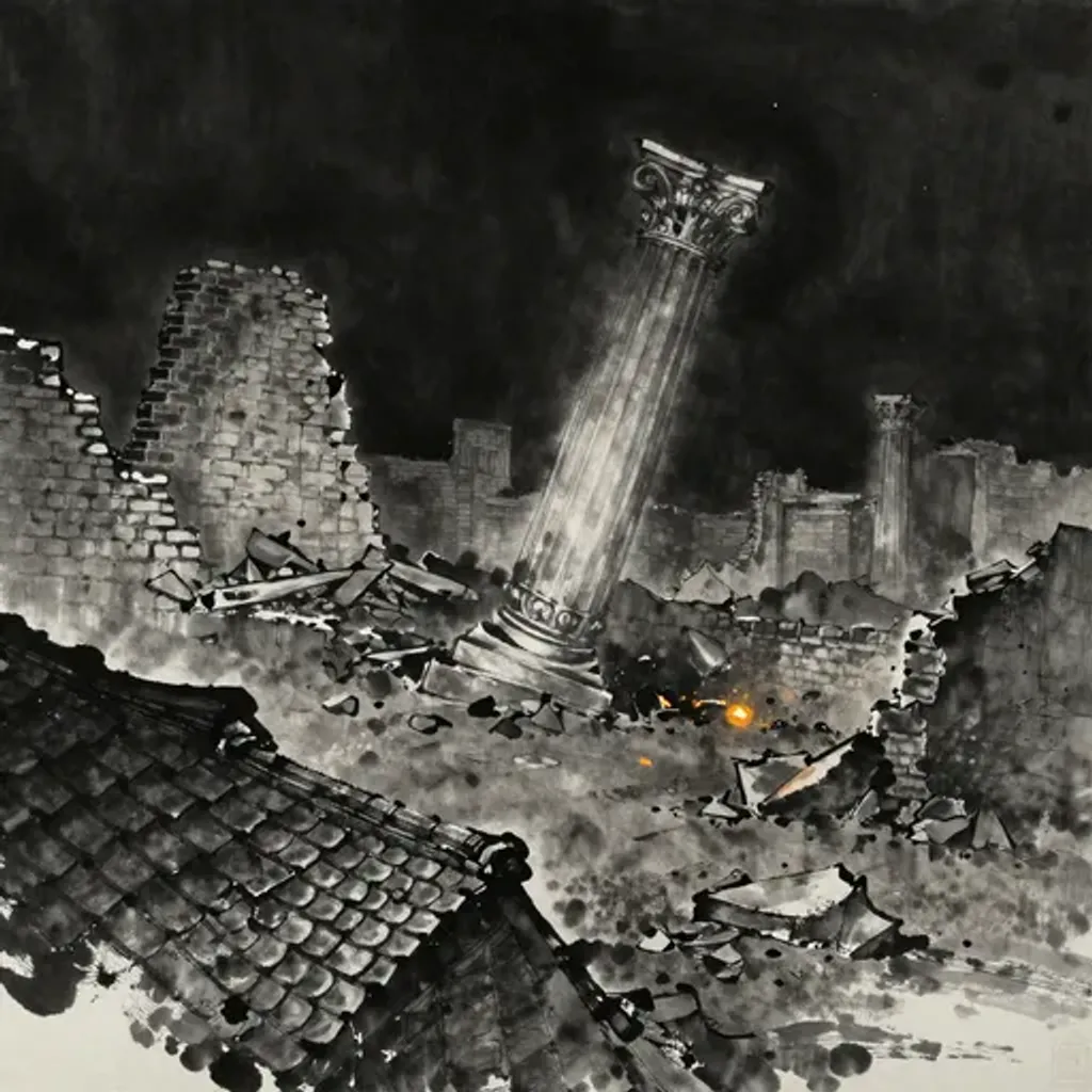 Ink brush artwork for the Yilin verse on Hexagram 25 changing to Hexagram 17