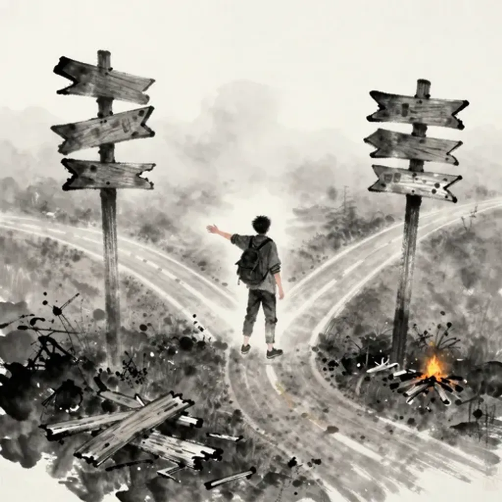Ink brush artwork for the Yilin verse on Hexagram 25 changing to Hexagram 3