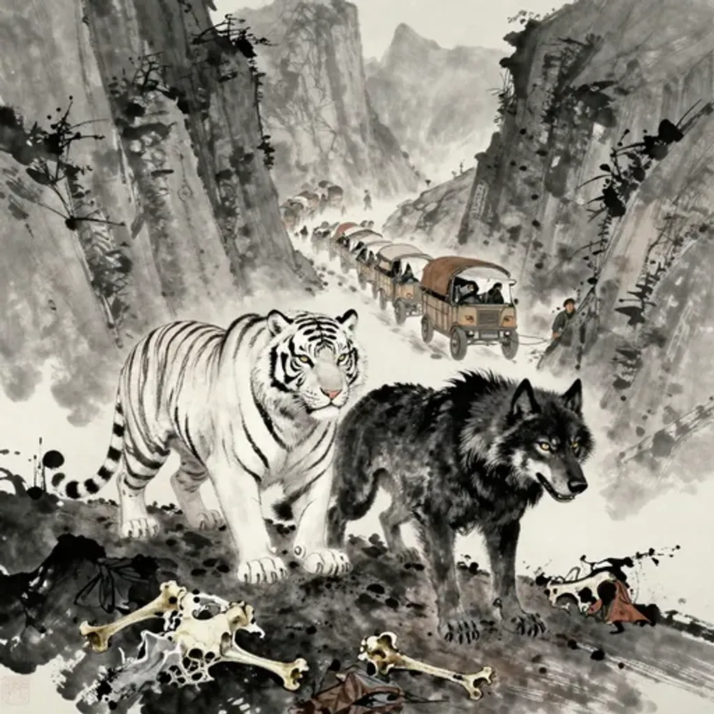Ink brush artwork for the Yilin verse on Hexagram 25 changing to Hexagram 43