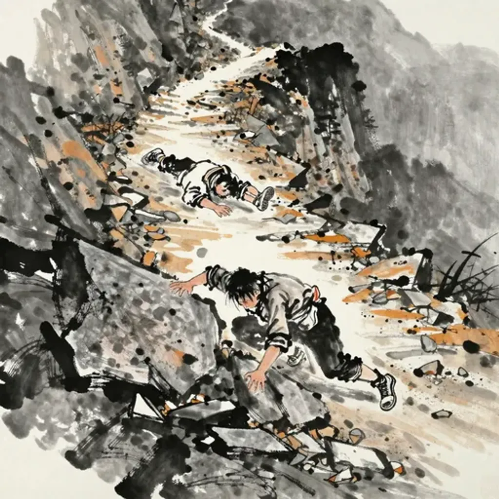 Ink brush artwork for the Yilin verse on Hexagram 25 changing to Hexagram 44