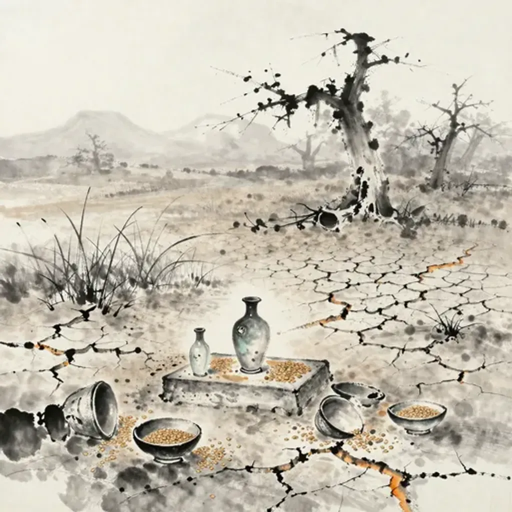 Ink brush artwork for the Yilin verse on Hexagram 25 changing to Hexagram 49