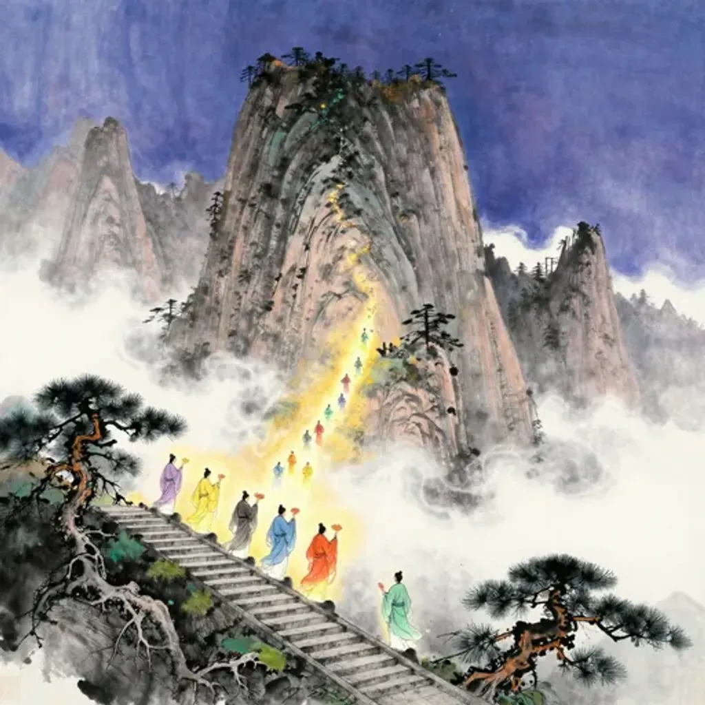 Ink brush artwork for the Yilin verse on Hexagram 26 changing to Hexagram 19