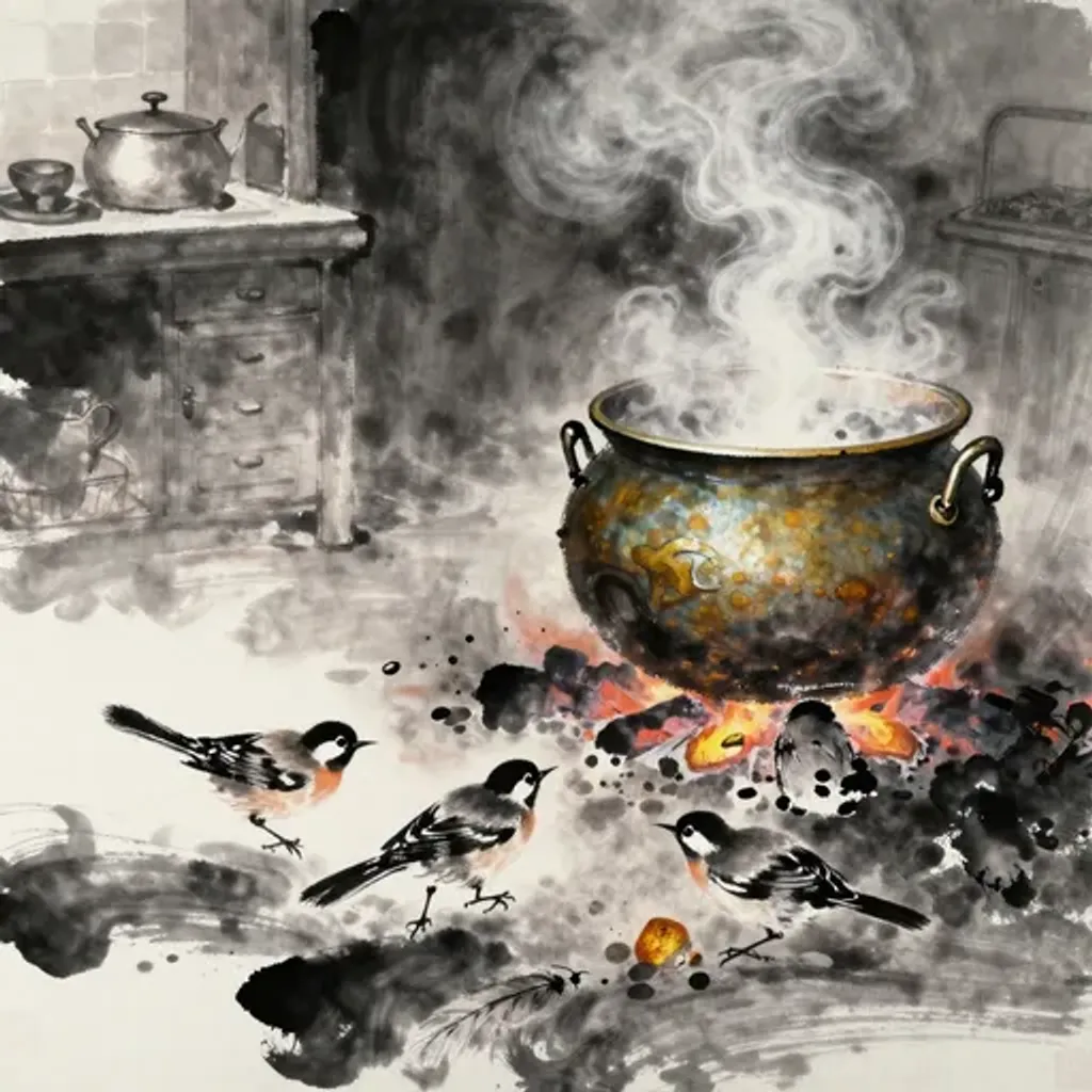 Ink brush artwork for the Yilin verse on Hexagram 26 changing to Hexagram 20