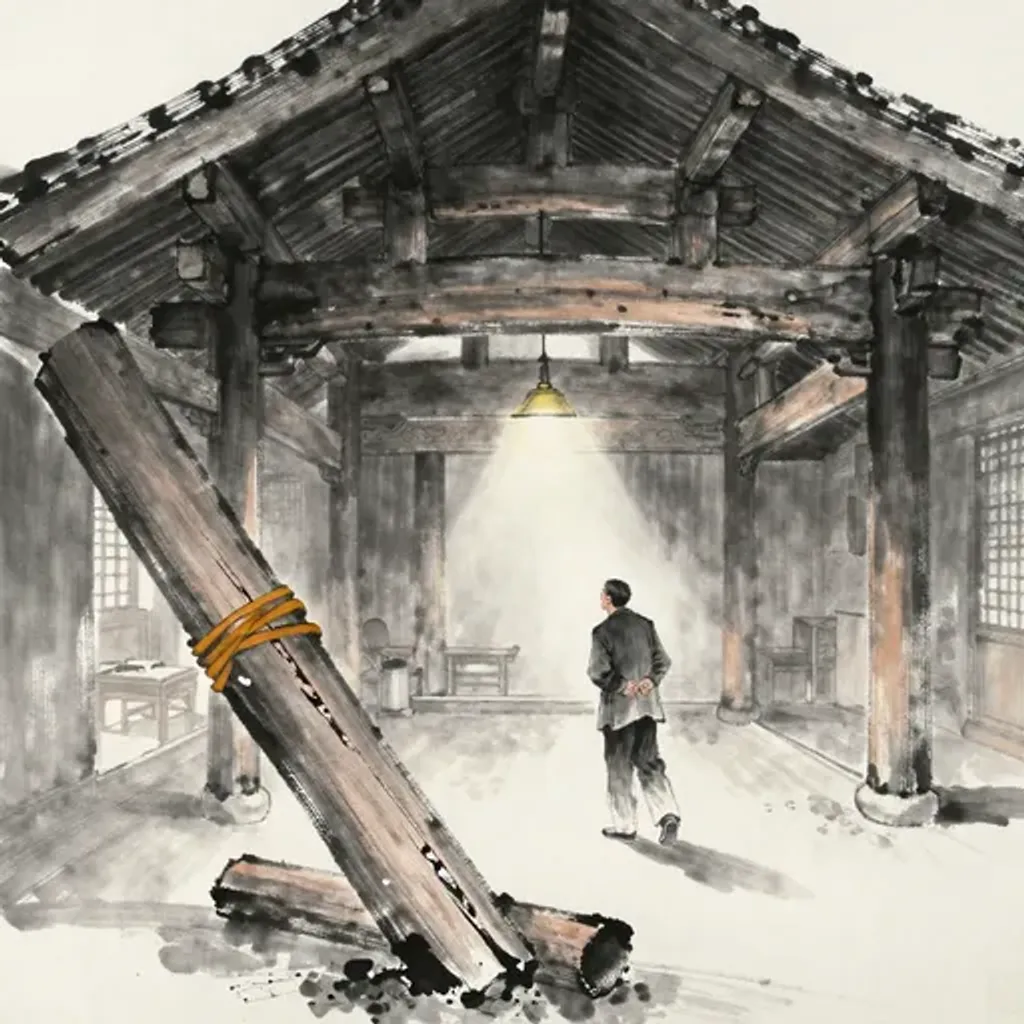 Ink brush artwork for the Yilin verse on Hexagram 26 changing to Hexagram 33