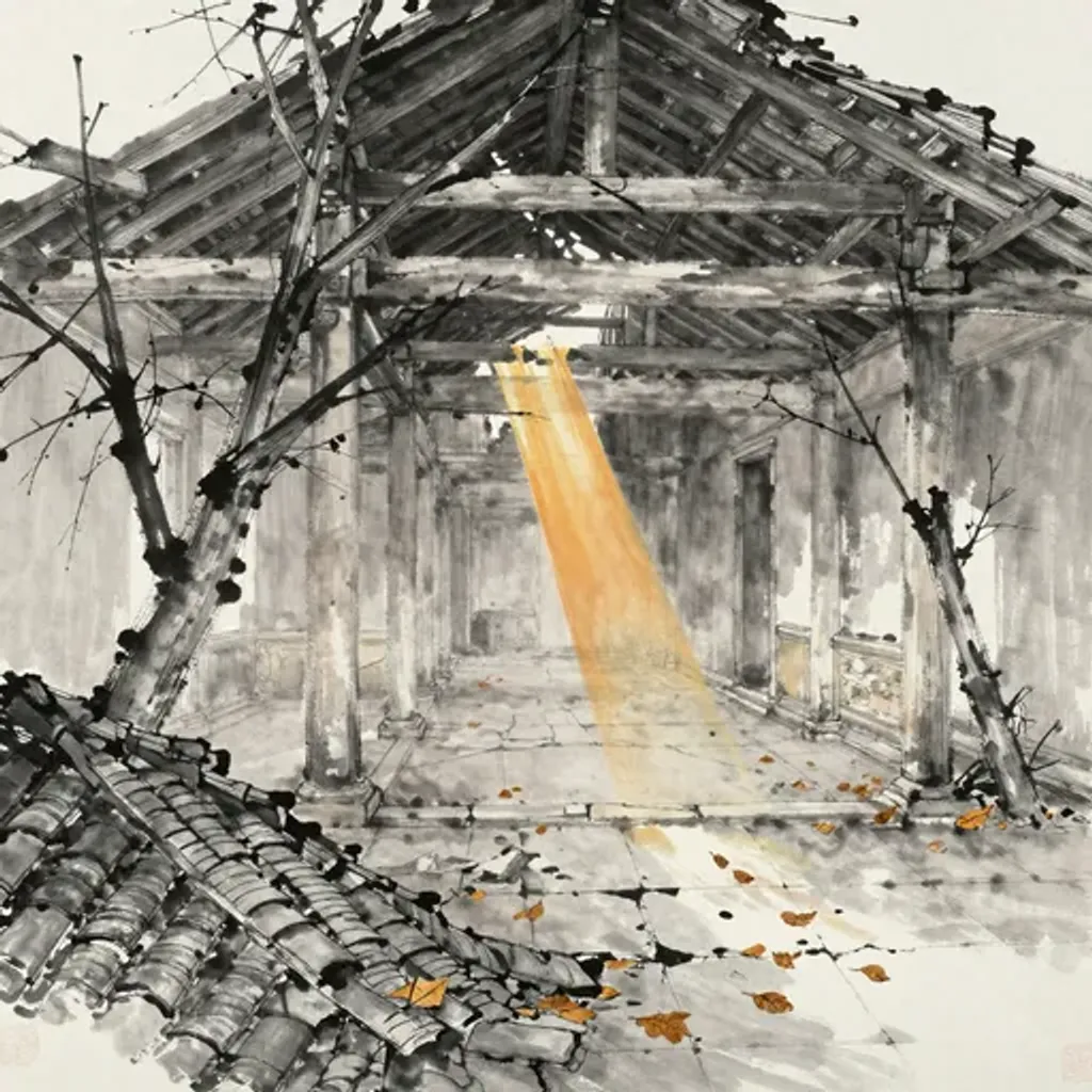 Ink brush artwork for the Yilin verse on Hexagram 27 changing to Hexagram 25