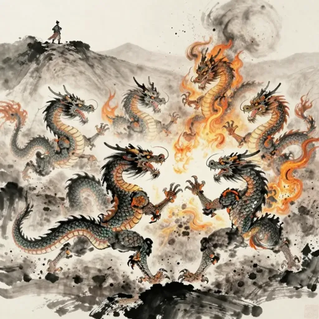 Ink brush artwork for the Yilin verse on Hexagram 27 changing to Hexagram 28