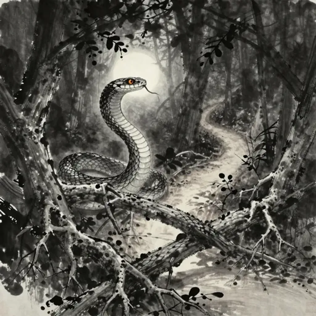 Ink brush artwork for the Yilin verse on Hexagram 27 changing to Hexagram 57