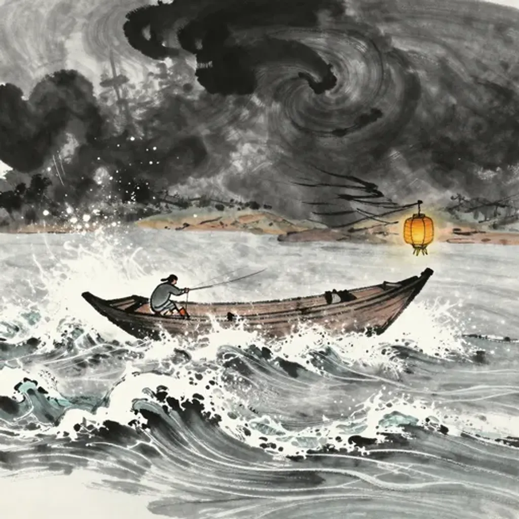 Ink brush artwork for the Yilin verse on Hexagram 28 changing to Hexagram 25