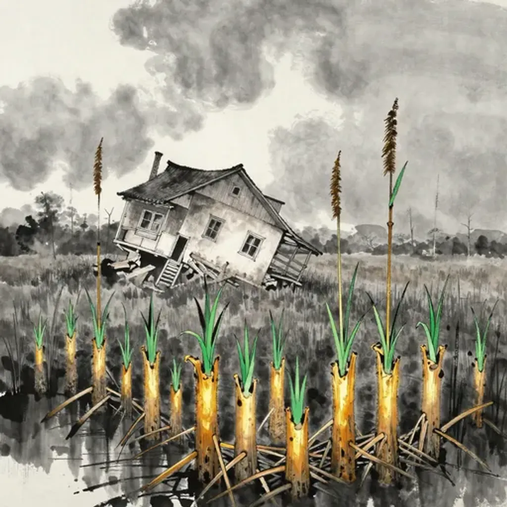 Ink brush artwork for the Yilin verse on Hexagram 28 changing to Hexagram 45