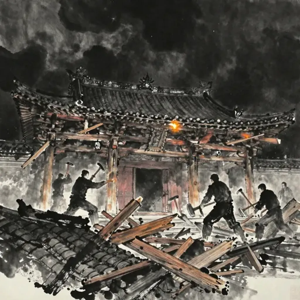 Ink brush artwork for the Yilin verse on Hexagram 28 changing to Hexagram 48