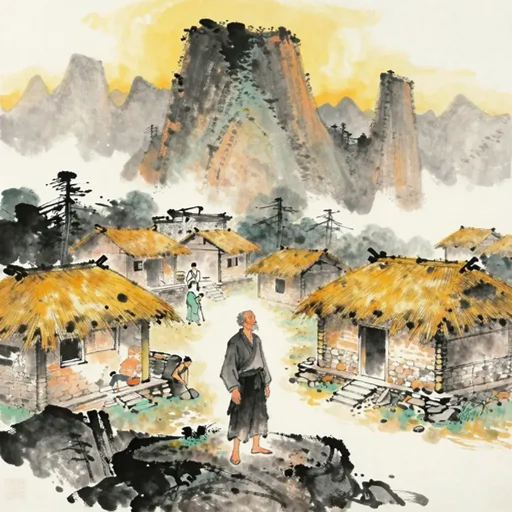 Ink brush artwork for the Yilin verse on Hexagram 3 changing to Hexagram 18