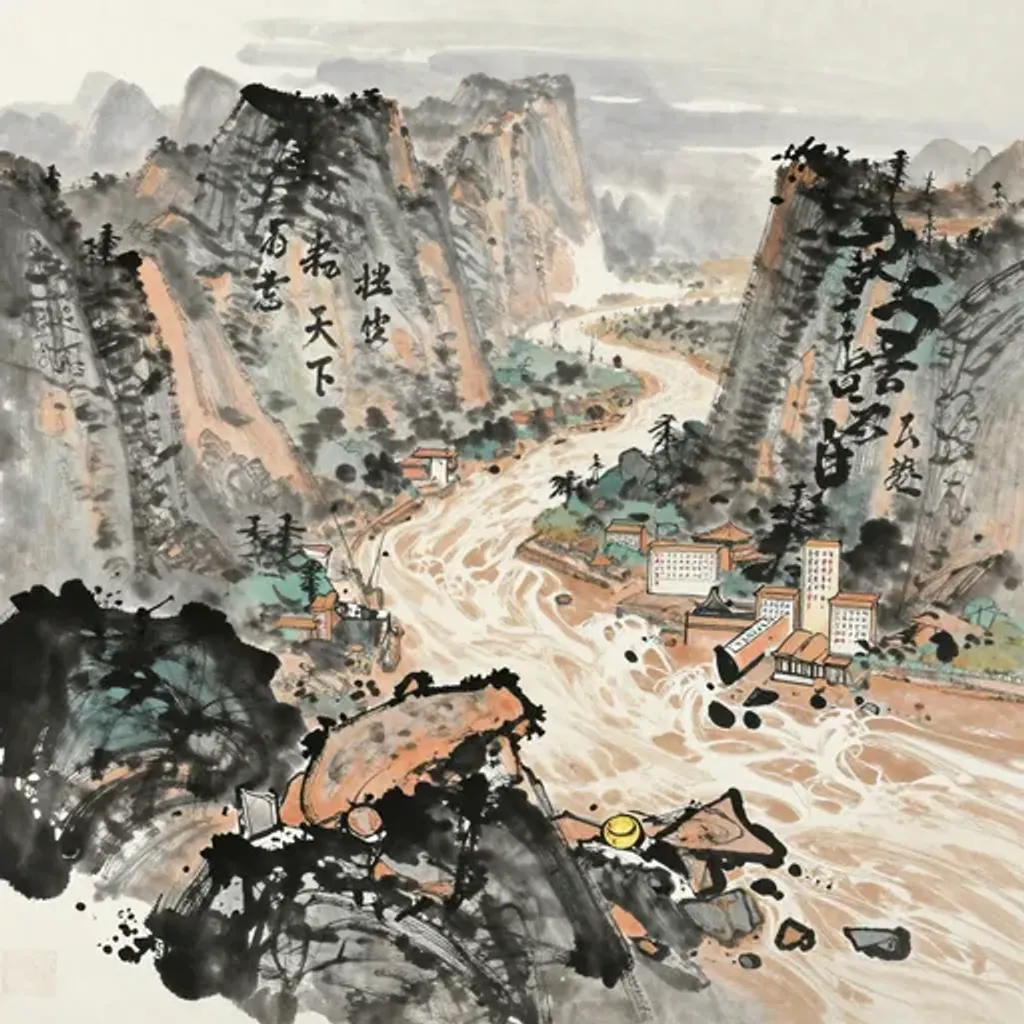Ink brush artwork for the Yilin verse on Hexagram 3 changing to Hexagram 4