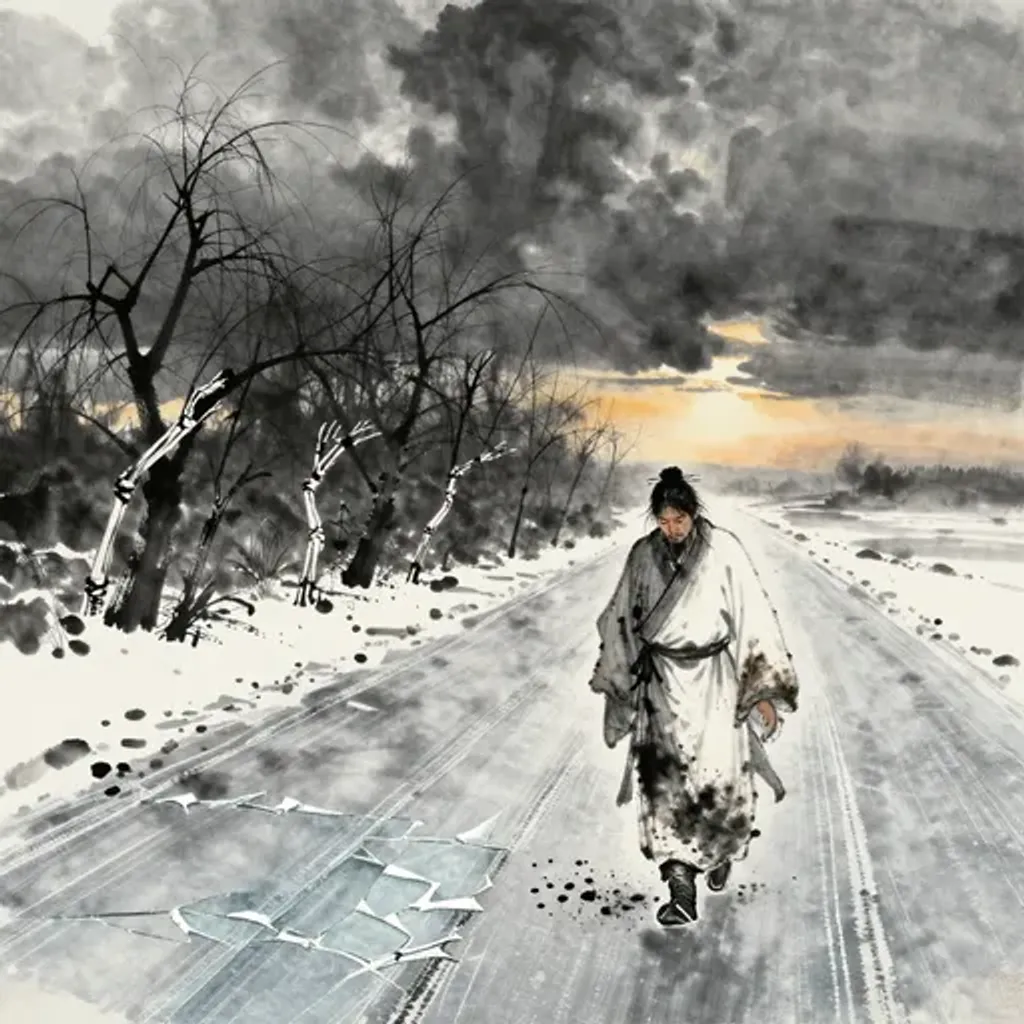 Ink brush artwork for the Yilin verse on Hexagram 32 changing to Hexagram 10