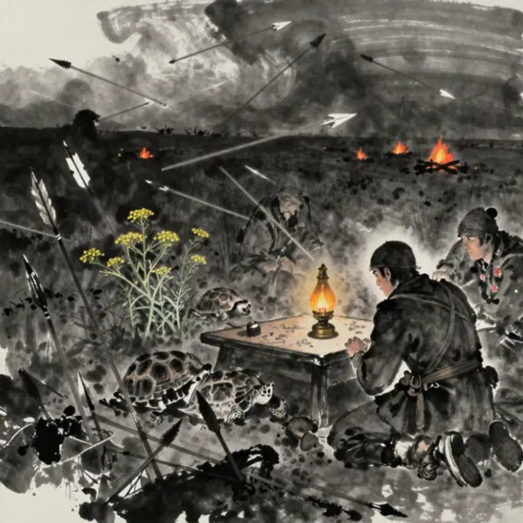 Ink brush artwork for the Yilin verse on Hexagram 32 changing to Hexagram 28