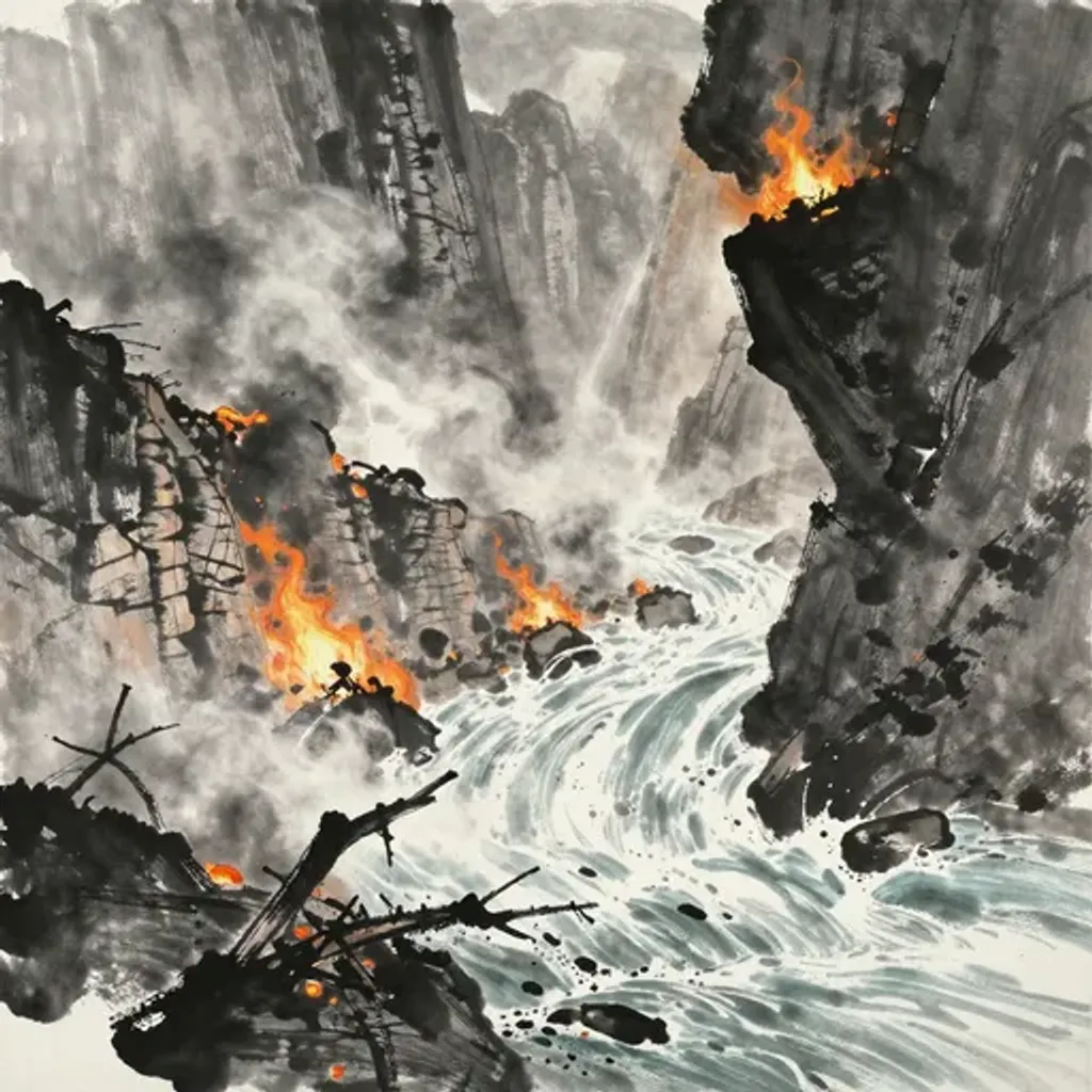 Ink brush artwork for the Yilin verse on Hexagram 32 changing to Hexagram 41