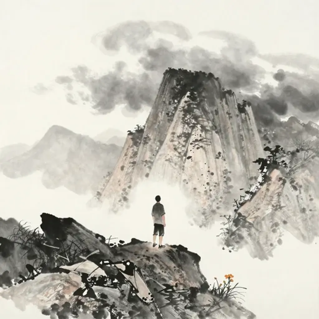 Ink brush artwork for the Yilin verse on Hexagram 32 changing to Hexagram 52