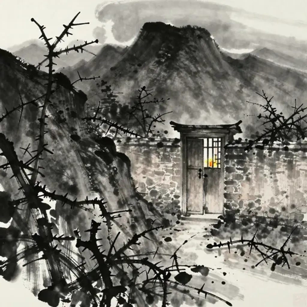 Ink brush artwork for the Yilin verse on Hexagram 32 changing to Hexagram 6