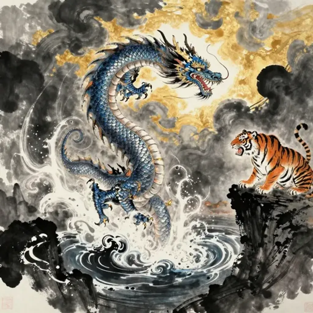 Ink brush artwork for the Yilin verse on Hexagram 32 changing to Hexagram 8