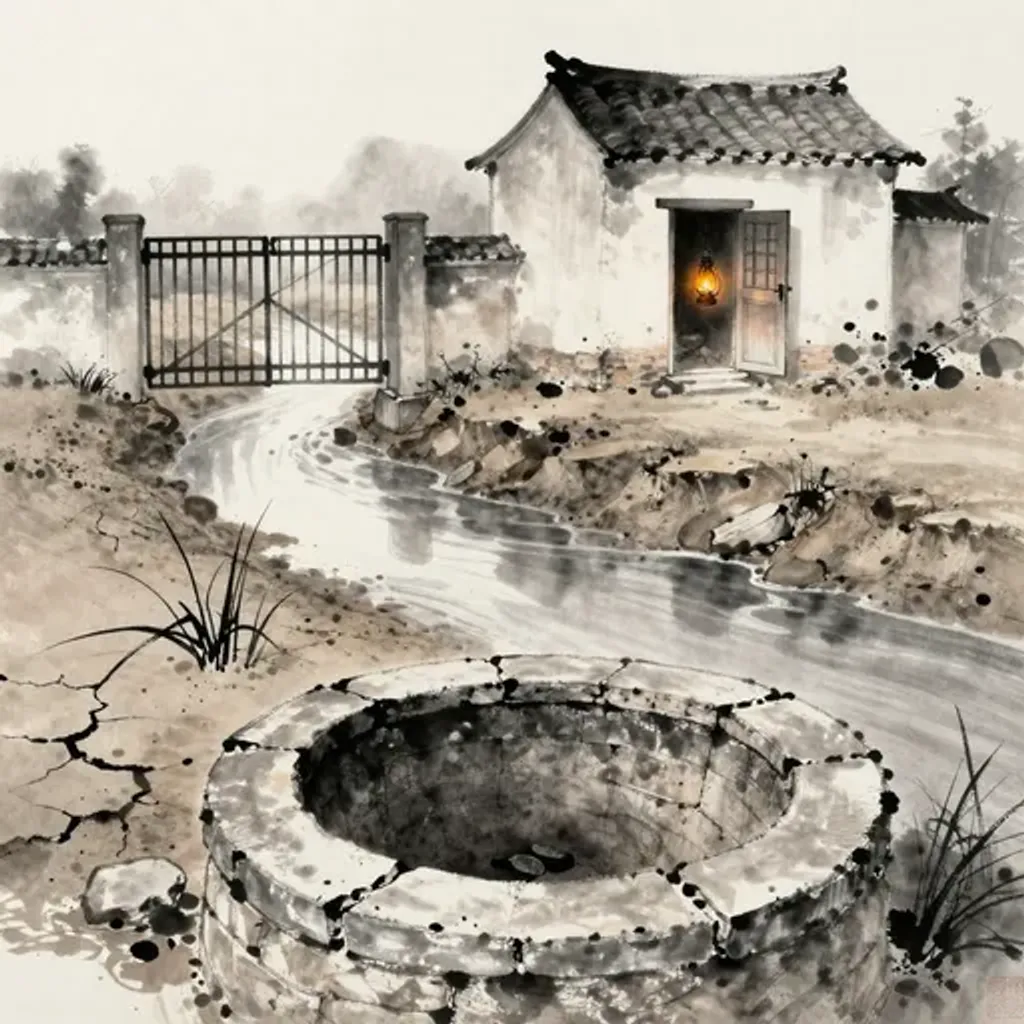 Ink brush artwork for the Yilin verse on Hexagram 33 changing to Hexagram 48