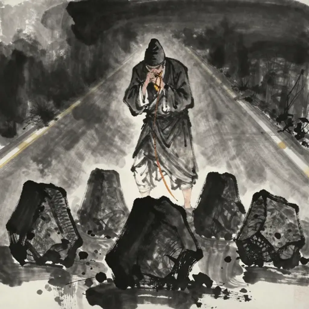 Ink brush artwork for the Yilin verse on Hexagram 34 changing to Hexagram 20